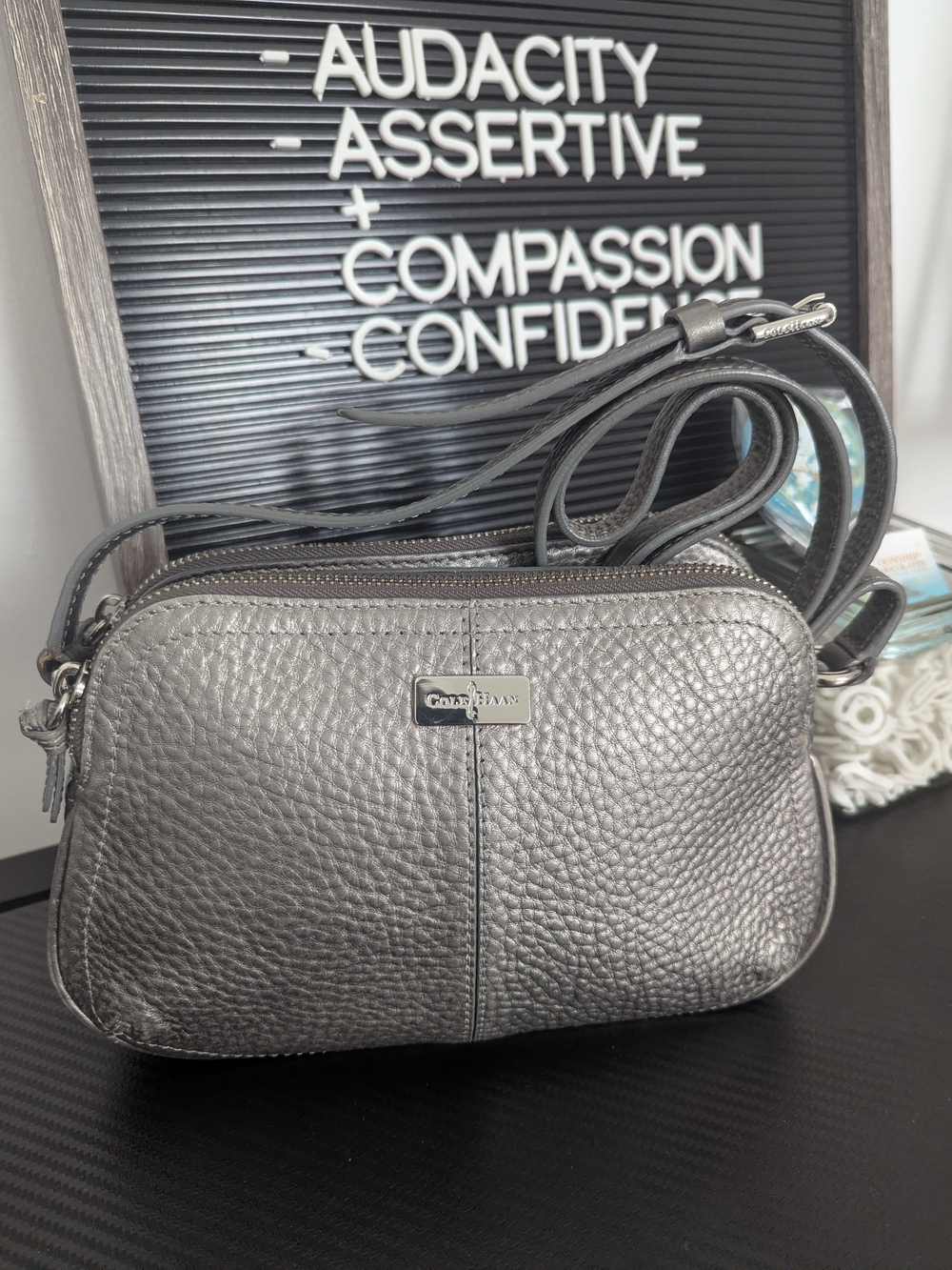 Cole Haan Metallic Gray Pebbled Leather Crossbody Bag